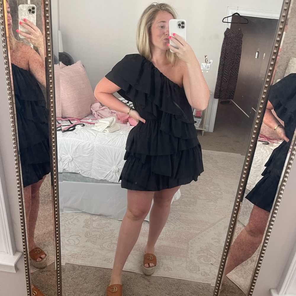 Black one shoulder mini ruffle tiered dress